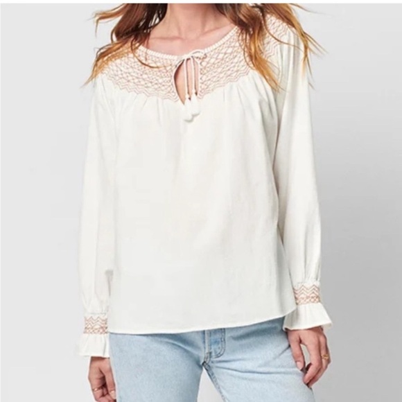 Faherty Laura Embroidered smock‎ neck Blouse Sz L New - Picture 2 of 9